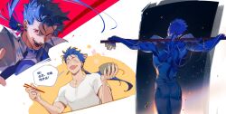 Rule 34 | 1boy, animal ears, armor, ass, back, blue bodysuit, blue hair, bodysuit, bowl, chinese text, chopsticks, closed eyes, collarbone, cu chulainn (fate), cu chulainn (fate/stay night), dog ears, earrings, evil grin, evil smile, fangs, fate/grand order, fate (series), gae bolg (fate), grin, highres, holding, holding bowl, holding chopsticks, holding polearm, holding weapon, jewelry, long hair, long sleeves, looking at viewer, male focus, muscular, muscular male, open mouth, pauldrons, polearm, red eyes, short hair, short sleeves, shoulder armor, smile, solo, speech bubble, teeth, tobu (bilibil), translation request, weapon