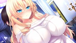 Rule 34 | 1girl, aqua eyes, bare shoulders, bed, bedroom, blonde hair, blue eyes, blush, breasts, candle, drawing (object), earrings, embarrassed, fire, game cg, hair between eyes, highres, indoors, iris december uncry, jewelry, large breasts, long hair, looking at viewer, nora to oujo to noraneko heart 2, nose blush, off-shoulder sweater, off shoulder, oozora itsuki, original, solo focus, sweater, upper body