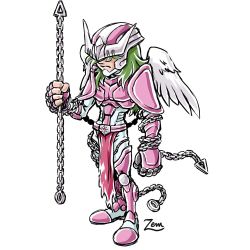 Rule 34 | 1boy, angel, armor, artist request, chain, crossover, digimon, digimon (creature), expressionless, full armor, full body, fusion, green hair, helmet, holding, holding weapon, no humans, pidmon, saint seiya, sharp teeth, simple background, teeth, weapon, wings