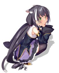 Rule 34 | 1girl, absurdres, animal ear fluff, animal ears, bare shoulders, black hair, black sleeves, black thighhighs, cat ears, cat girl, cat tail, closed mouth, commentary request, detached sleeves, frilled skirt, frills, full body, green eyes, hands up, highres, karyl (princess connect!), kei (soundcross), long hair, long sleeves, looking at viewer, looking back, low twintails, multicolored hair, princess connect!, purple skirt, ringlets, shadow, shirt, skirt, sleeveless, sleeveless shirt, solo, squatting, streaked hair, tail, thighhighs, twintails, very long hair, white background, white hair, white shirt, wide sleeves