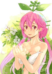 Rule 34 | 1girl, :d, bare shoulders, blush, breasts, cleavage, commentary request, dated, flower, granblue fantasy, hair between eyes, hair flower, hair ornament, kuboshun, leaf, long hair, looking at viewer, low twintails, medium breasts, monster girl, open mouth, pink eyes, pink hair, plant girl, revealing clothes, signature, smile, solo, teeth, twintails, upper teeth only, very long hair, white flower, yggdrasil (granblue fantasy)