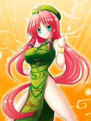 Rule 34 | 1girl, aqua eyes, braid, breasts, china dress, chinese clothes, dress, female focus, fighting stance, hat, hong meiling, impossible clothes, impossible shirt, large breasts, legs, long hair, osashin (osada), red hair, shirt, solo, star (symbol), touhou, twin braids, wristband