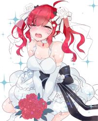 Rule 34 | 1girl, ahoge, azur lane, bare shoulders, blush, bouquet, breasts, cleavage, commentary request, crying, dress, flower, hair ornament, highres, long hair, medium breasts, open mouth, red hair, san diego (azur lane), san diego (no. 1 june bride!) (azur lane), shichijou natori, solo, tears, twintails, wedding dress