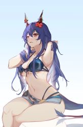 Rule 34 | 1girl, arknights, bare arms, bare shoulders, bikini, black bikini, blue background, blue hair, breasts, ch&#039;en (arknights), ch&#039;en the holungday (arknights), ch&#039;en the holungday (elite ii) (arknights), cleavage, commentary request, dragon horns, dragon tail, feet out of frame, flower, gradient background, hair between eyes, hair flower, hair ornament, highres, horns, large breasts, long hair, micro shorts, navel, official alternate costume, open mouth, partial commentary, purple eyes, red flower, reflection, shorts, sitting, solo, stomach, swimsuit, syuyu0220, tail, thighs, white background