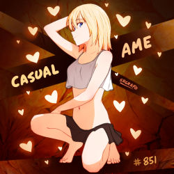 Rule 34 | 1girl, arm behind head, artist name, bare shoulders, barefoot, blonde hair, blue eyes, breasts, camisole, commentary, full body, hair between eyes, heart, heart background, hololive, hololive english, looking at viewer, looking to the side, medium hair, midriff, miniskirt, multicolored background, multicolored hair, navel, on one knee, shirt, sideways glance, skirt, sleeveless, sleeveless shirt, small breasts, solo, srgrafo, text background, two-tone hair, virtual youtuber, watson amelia, white camisole