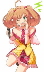 Rule 34 | 10s, 1girl, ;d, ahoge, bare shoulders, blush, green eyes, idolmaster, idolmaster cinderella girls, microphone, necktie, one eye closed, open mouth, orange hair, sato shin, short hair, simple background, smile, solo, tomason, twintails, wings, wink