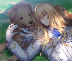 Rule 34 | 1boy, ?, androgynous, animal, bishounen, blonde hair, dog, fate/grand order, fate (series), formal, gloves, highres, kirschtaria wodime, long hair, lying, male focus, on back, outdoors, sabamori, shade, suit, tongue, tongue out, white gloves