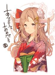 Rule 34 | 1girl, akeome, animal ears, animal print, bird print, blush, brown hair, chinese zodiac, closed mouth, floral background, floral print, flower, grey eyes, hair flower, hair ornament, happy new year, highres, horns, japanese clothes, kimono, long hair, looking at viewer, new year, original, red kimono, smile, solo, translated, tree, upper body, white flower, year of the rooster, yoo (tabi no shiori)