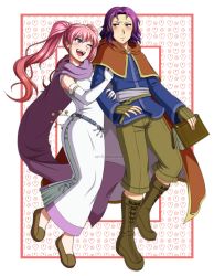 Rule 34 | 1boy, 1girl, adricarra, arm grab, arm hug, belt, blush, book, boots, cape, cross-laced footwear, dress, elbow gloves, erk (fire emblem), fingerless gloves, fire emblem, fire emblem: the blazing blade, gloves, heart, heart background, highres, locked arms, long hair, long sleeves, looking at another, nintendo, one eye closed, open mouth, pants, pink hair, purple eyes, purple hair, robe, scarf, serra (fire emblem), shoes, short hair, sleeveless, smile, twintails, white dress, white gloves, wink