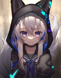 Rule 34 | 1girl, animal ears, animal hood, black choker, black jacket, black sailor collar, blue neckwear, choker, closed mouth, collarbone, commentary request, fake animal ears, fox ears, fox girl, fox hood, fox tail, grey hair, grey shirt, hair between eyes, highres, hood, hood up, hooded jacket, jacket, long sleeves, looking at viewer, miyayoki, open clothes, open jacket, original, puffy long sleeves, puffy sleeves, purple eyes, sailor collar, shirt, sleeves past fingers, sleeves past wrists, smile, solo, tail, upper body