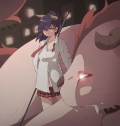 Rule 34 | 1girl, :/, blurry, breasts, building, chappy (gabriel dropout), cleavage, closed mouth, collared shirt, commentary request, demon horns, depth of field, gabriel dropout, glowing, glowing eye, hair ornament, highres, horns, long hair, looking at viewer, neck ribbon, piyomi, plaid, plaid skirt, purple eyes, purple hair, red eyes, red ribbon, red skirt, ribbon, sharp teeth, shirt, skirt, standing, teeth, undone neck ribbon, vignette tsukinose april, white shirt, wing collar, x hair ornament