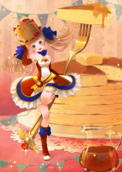 Rule 34 | 1girl, :d, blue bow, blue eyes, blueberry, boots, bow, brown footwear, brown gloves, brown hair, butter, elbow gloves, food, food-themed clothes, fork, fruit, full body, gloves, hair bow, hat, knee boots, long hair, looking at viewer, mini person, minigirl, morinaga (brand), open mouth, original, oversized object, pancake, personification, plate, sakura (superbunnys), skirt, smile, solo, standing, standing on one leg, strawberry, syrup, twintails