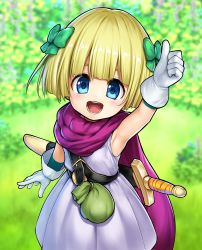 Rule 34 | 1girl, arm up, armpits, belt, blonde hair, bow, child, cloak, dragon quest, dragon quest v, dress, endou hiroto, gloves, hair bow, hero&#039;s daughter (dq5), highres, looking at viewer, open mouth, outdoors, pouch, purple cloak, ribbon, sheath, sheathed, short hair, sleeveless, sleeveless dress, smile, solo, sword, thumbs up, upper body, weapon, white dress, white gloves