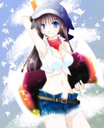 Rule 34 | 1girl, arm up, armpits, axe, bandana, belt, blacksmith (ragnarok online), blue eyes, blue shorts, breasts, brown belt, brown hair, cleavage, closed mouth, commentary request, cowboy shot, crop top, falling leaves, fur-trimmed shorts, fur trim, hachipocchi, holding, holding axe, leaf, long hair, looking at viewer, medium breasts, navel, open fly, ragnarok online, red bandana, red neckwear, shirt, short shorts, shorts, sleeveless, sleeveless shirt, smile, solo, tied shirt, white shirt