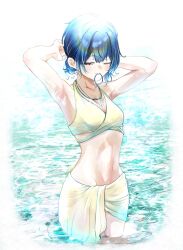 Rule 34 | 1girl, armpits, arms up, bikini, black hair, commentary request, halterneck, highres, idolmaster, idolmaster shiny colors, jewelry, looking at viewer, morino rinze, navel, necklace, o shiki, one eye closed, red eyes, rubber band, short hair, solo, swimsuit, wading, water