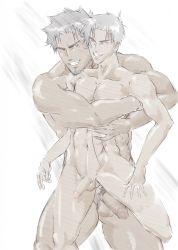 Rule 34 | 2boys, abs, age difference, bara, bathroom, censored, father and son, incest, male focus, multiple boys, muscular, nude, original, pectorals, penis, reito raichi, shower, size difference, testicles, yaoi