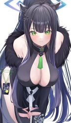 Rule 34 | 1girl, animal ears, black hair, blue archive, breasts, cafenami, cleavage, green eyes, highres, large breasts, long hair, looking at viewer, shun (blue archive), simple background, smile, solo