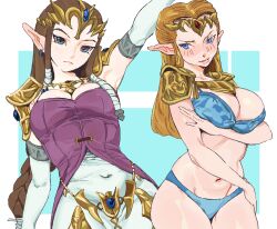 Rule 34 | 1girl, absurdres, blonde hair, blue eyes, blush, bra, braid, breasts, cleavage, commentary, covering privates, dress, earrings, elbow gloves, embarrassed, english commentary, gloves, highres, impossible clothes, jewelry, large breasts, long hair, nintendo, panties, pointy ears, princess zelda, skin tight, the legend of zelda, the legend of zelda: ocarina of time, the legend of zelda: twilight princess, underwear, whoopsatro