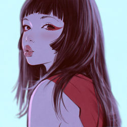 Rule 34 | 1girl, blue background, blunt bangs, brown hair, eyebrows, from side, hair over shoulder, ilya kuvshinov, lips, long hair, looking at viewer, looking back, nose, original, parted lips, puckered lips, red eyes, simple background, solo, upper body