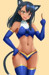 Rule 34 | 1girl, :d, animal ears, armpits, bare shoulders, black hair, blue gloves, blue thighhighs, breasts, cat ears, cat girl, cat tail, cleavage, dark-skinned female, dark skin, ear piercing, elbow gloves, extra ears, fang, fingerless gloves, gloves, gold trim, hair ornament, hairclip, hand on own hip, hand up, highres, ijiranaide nagatoro-san, kazenokaze, kemonomimi mode, long hair, looking at viewer, medium breasts, middle finger, midriff, nagatoro hayase, navel, open mouth, piercing, revealing clothes, simple background, skindentation, smile, solo, standing, stomach, tail, thighhighs, thighs, yellow background