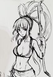 Rule 34 | 1girl, archery, bikini, breasts, cleavage, highres, large breasts, long hair, looking at viewer, majikina mina, monochrome, ponytail, samurai spirits, sarong, snk, solo, swimsuit, traditional media