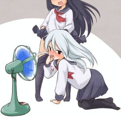 Rule 34 | 2girls, :d, akatsuki (kancolle), all fours, black eyes, black hair, black legwear, blood, blood on hands, bloody hand, blush, brown background, clothes lift, clothes pull, commentary request, covering nose, electric fan, fanning crotch, head out of frame, hibiki (kancolle), kantai collection, long hair, long sleeves, looking at viewer, multiple girls, neckerchief, nose blush, nosebleed, open mouth, panties, panty pull, pantyhose, pantyhose pull, sailor collar, school uniform, serafuku, skirt, skirt lift, smile, tobi (nekomata homara), two-tone background, underwear, white background, white hair, white panties