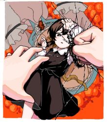 Rule 34 | 1girl, apricot (vocaloid), arm up, black dress, black eyes, black hair, border, breaking, broken glass, clenched hand, collared dress, commentary request, cowboy shot, dress, glass, hair ribbon, hand mirror, hand on own head, holding, holding mirror, long hair, long sleeves, looking at viewer, low twintails, lying, mini person, minigirl, mirror, mitty3302004, on back, orange background, out of frame, own hands together, parted lips, pov, pov hands, ribbon, shirt, slam, sleeveless, sleeveless dress, twintails, unworn ribbon, vocaloid, white border, white shirt, yellow ribbon