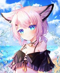 Rule 34 | 1girl, ahoge, animal ears, aoko (amamiya aoko), arknights, bare shoulders, beach, bikini, black bikini, blue eyes, blue sky, blush, breasts, cleavage, cloud, cloudy sky, fox ears, hair ornament, hairclip, highres, looking at viewer, low twintails, material growth, official alternate costume, oripathy lesion (arknights), outdoors, sand, short hair, short twintails, sky, small breasts, solo, spaghetti strap, sussurro (arknights), sussurro (summer flower) (arknights), swimsuit, twintails, upper body, water