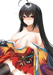 Rule 34 | 1girl, absurdres, ahoge, alternate hairstyle, artist name, azur lane, bare shoulders, black hair, black thighhighs, blush, breasts, cleavage, closed mouth, collarbone, crossed bangs, drunk, feather-trimmed sleeves, hair between eyes, highres, huge breasts, j.moon, japanese clothes, jewelry, kimono, long hair, long sleeves, looking at viewer, obi, off shoulder, red eyes, red kimono, ring, sash, signature, simple background, sitting, smile, solo, taihou (azur lane), thighhighs, thighs, very long hair, wedding band, white background, wide sleeves