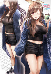 Rule 34 | 1girl, ;d, black shirt, black shorts, blue coat, blush, bow, breasts, brown hair, cleavage, coat, collarbone, cup, day, hair bow, himuro shunsuke, holding, holding cup, idolmaster, idolmaster shiny colors, large breasts, long hair, looking at viewer, multiple views, navel, one eye closed, open mouth, outdoors, pink eyes, shirt, shoes, shorts, sidelocks, sleeves past wrists, smile, sneakers, socks, swept bangs, tsukioka kogane