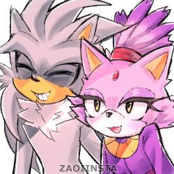 Rule 34 | 1boy, 1girl, blaze the cat, clenched teeth, closed eyes, commentary, english commentary, furry, furry female, furry male, highres, silver the hedgehog, simple background, smile, sonic (series), teeth, upper body, white background, yellow eyes, zaoiinsta