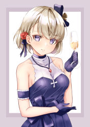 Rule 34 | 1girl, absurdres, alcohol, azur lane, black dress, black gloves, bob cut, bow, champagne, classic (zildjian33), collarbone, commentary request, cross, cup, detached sleeves, dress, drinking glass, eyes visible through hair, gloves, hair bow, hair ornament, hair ribbon, head tilt, highres, holding, holding cup, iron cross, jewelry, light brown hair, looking at viewer, necklace, official alternate costume, purple eyes, ribbon, short hair, sidelocks, simple background, smile, solo, wine glass, z23 (azur lane), z23 (the banquet&#039;s honor student) (azur lane)