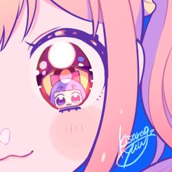 Rule 34 | 2girls, :3, blue background, blunt bangs, blush, bow, brown hair, close-up, commentary, eye reflection, highres, kisaragi yuu (fallen sky), looking at viewer, multiple girls, pipimi, poptepipic, popuko, purple hair, red bow, red eyes, reflection, signature, simple background, smile, symbol-only commentary