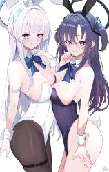 Rule 34 | 2girls, absurdres, animal ears, ass, black leotard, black pantyhose, blue archive, blush, breasts, cleavage, closed mouth, detached collar, dress, fake animal ears, fake tail, grey hair, halo, highres, large breasts, leotard, long hair, looking at viewer, mechanical halo, multiple girls, noa (blue archive), pantyhose, pineapple (pine), purple eyes, purple hair, rabbit ears, rabbit tail, simple background, strapless, strapless dress, tail, thigh strap, tongue, tongue out, two side up, white background, wrist cuffs, yuuka (blue archive)