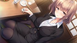 Rule 34 | 1girl, :&gt;, akizuki mikoto, ayase hazuki, black skirt, black suit, blush, breasts, brown eyes, brown hair, chopsticks, closed mouth, eyebrows hidden by hair, feet, female focus, formal, from above, game cg, highres, indoors, large breasts, legs, looking at viewer, medium hair, no shoes, office lady, original, pantyhose, sitting, skirt, smile, solo, suit, table, thighs, yubisaki connection