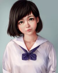 Rule 34 | 1girl, artist name, black eyes, black hair, collarbone, eyebrows, eyelashes, highres, jin, jintawat puttanawiboon, lips, looking at viewer, nose, original, shirt, short hair, signature, solo, upper body, white shirt