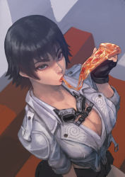 Rule 34 | 1girl, absurdres, black hair, breasts, cirenk, cleavage, cropped jacket, devil may cry (series), devil may cry 5, eating, fingerless gloves, food, from above, gloves, goggles, goggles around neck, green eyes, heterochromia, highres, jacket, lady (devil may cry), large breasts, looking at viewer, pizza, pizza slice, red eyes, scar, scar on face, short hair, sitting, solo, white jacket