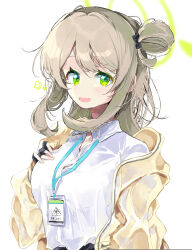 Rule 34 | absurdres, black gloves, blue archive, blush, breasts, cardigan, fingerless gloves, gloves, green eyes, hair bun, halo, highres, lanyard, large breasts, light brown hair, looking at viewer, nonomi (blue archive), nyou 0, open collar, school uniform, shirt, single side bun, smile, upper body, white shirt, yellow cardigan