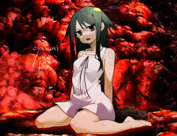 Rule 34 | 1girl, bare shoulders, barefoot, blood, breasts, chinese commentary, commentary request, dress, entrails, food, full body, green eyes, green hair, hair flaps, highres, lan rou, long hair, looking at viewer, meat, open mouth, organs, red pupils, romaji text, saya (saya no uta), saya no uta, signature, sitting, small breasts, smile, solo, sundress, very long hair, wariza, white dress