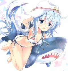 Rule 34 | 1girl, barefoot, bikini, blue eyes, collarbone, commentary request, flat cap, flat chest, full body, hammer and sickle, hat, hibiki (kancolle), highres, hizuki yayoi, hood, hooded vest, hoodie, inflatable shark, inflatable toy, kantai collection, looking at viewer, navel, open mouth, side-tie bikini bottom, silver hair, simple background, solo, swimsuit, verniy (kancolle), vest, white background, white bikini, white hat, white vest