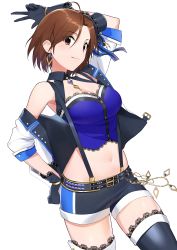 Rule 34 | 1girl, absurdres, antenna hair, arm behind back, arm up, armpits, belt, belt buckle, black gloves, black shorts, boots, breasts, brown eyes, brown hair, buckle, cleavage, cleavage cutout, clothing cutout, crop top, earrings, gloves, half gloves, hand on own hip, hat, highres, idolmaster, idolmaster cinderella girls, idolmaster cinderella girls starlight stage, jacket, jewelry, lace, lace-trimmed legwear, lace trim, looking at viewer, medium breasts, mini hat, mini top hat, mizuki seira, onao, short hair, short sleeves, shorts, simple background, sleeveless, smile, solo, suspenders, thigh boots, thighhighs, top hat, white background