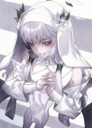 Rule 34 | 1girl, alternate costume, blue archive, blush, detached sleeves, feet out of frame, from above, grey hair, grin, hair tubes, highres, himari (blue archive), kangshi, long hair, looking at viewer, mole, mole under eye, purple eyes, sidelocks, smile, solo, thighhighs, white sleeves, white thighhighs, wrist cuffs