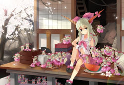 Rule 34 | 1girl, absurdres, ascot, blonde hair, blue eyes, bow, chain, closed eyes, fang, female focus, food, fruit, highres, holding, horn bow, horn ornament, horns, ibuki suika, mini person, minigirl, one eye closed, open mouth, sitting, smile, solo, tot (zhxto), touhou, watermelon, wink, wrist cuffs