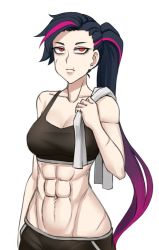 Rule 34 | 1girl, abs, arm at side, bare arms, bare shoulders, black hair, breasts, collarbone, cowboy shot, scar on face, frown, gradient hair, groin, hand up, large breasts, long hair, looking at viewer, midriff, multicolored hair, muscular, muscular female, navel, original, ponytail, purple hair, red eyes, scar, scar on cheek, scar on face, simple background, solo, sports bra, streaked hair, towel on one shoulder, twrlare, very long hair, white background