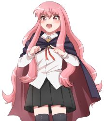 Rule 34 | 1girl, :d, black cape, black skirt, black thighhighs, blush, cape, collared shirt, highres, kam ezmr, long hair, looking at viewer, louise francoise le blanc de la valliere, open mouth, pink eyes, pink hair, pleated skirt, red ribbon, ribbon, shirt, simple background, skirt, smile, thighhighs, thighs, very long hair, wand, white background, zero no tsukaima