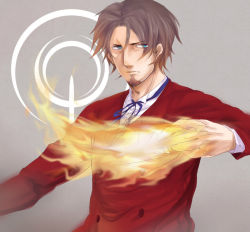 Rule 34 | 1boy, asuka (ppppink8), bad id, bad pixiv id, blue eyes, brown hair, command spell, facial hair, fate/zero, fate (series), flaming hand, formal, goatee, male focus, ribbon, solo, suit, tohsaka tokiomi