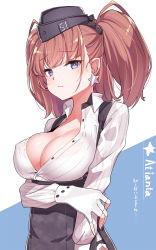 Rule 34 | 1girl, atlanta (kancolle), black headwear, breasts, brown hair, character name, cleavage, collared shirt, commentary request, covered erect nipples, dress shirt, earrings, fingerless gloves, gloves, highres, jewelry, kantai collection, konnyaku (kk-monmon), large breasts, long hair, looking at viewer, partially unbuttoned, purple eyes, shirt, solo, star (symbol), star earrings, striped clothes, striped shirt, twintails, two side up, upper body, white gloves, white shirt