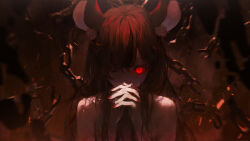 1girl absurdres alternate_eye_color animal_ear_fluff animal_ears black_nails broken broken_chain chain commentary dino_(dinoartforame) english_commentary glowing glowing_eye hakos_baelz highres hololive hololive_english interlocked_fingers long_hair looking_at_viewer messy_hair mouse_ears mouse_girl multicolored_nails nail_polish nude official_art one_eye_closed own_hands_clasped own_hands_together parted_bangs red_eyes red_hair red_nails sidelocks solo upper_body virtual_youtuber