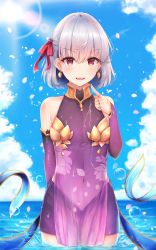 Rule 34 | 1girl, arm behind back, bare shoulders, blue sky, blush, breasts, commentary request, day, detached sleeves, dress, earrings, endsmall min, fate/grand order, fate (series), hair between eyes, hair ribbon, highres, in water, jewelry, kama (fate), kama (first ascension) (fate), leaf, looking at viewer, navel, outdoors, purple dress, red eyes, red ribbon, ribbon, short hair, silver hair, sky, sleeveless, sleeveless dress, smile, solo, standing, teeth, upper teeth only, wading
