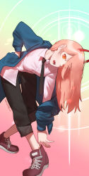 Rule 34 | 1girl, black necktie, black pants, blue jacket, chainsaw man, collared shirt, cross-shaped pupils, gradient background, hand in pocket, highres, horns, jacket, jacket partially removed, leaning forward, long hair, looking at viewer, necktie, open mouth, orange eyes, pants, pants rolled up, pink hair, power (chainsaw man), rainbow gradient, raneblu, red horns, sharp teeth, shirt, shirt partially tucked in, solo, symbol-shaped pupils, teeth, white shirt
